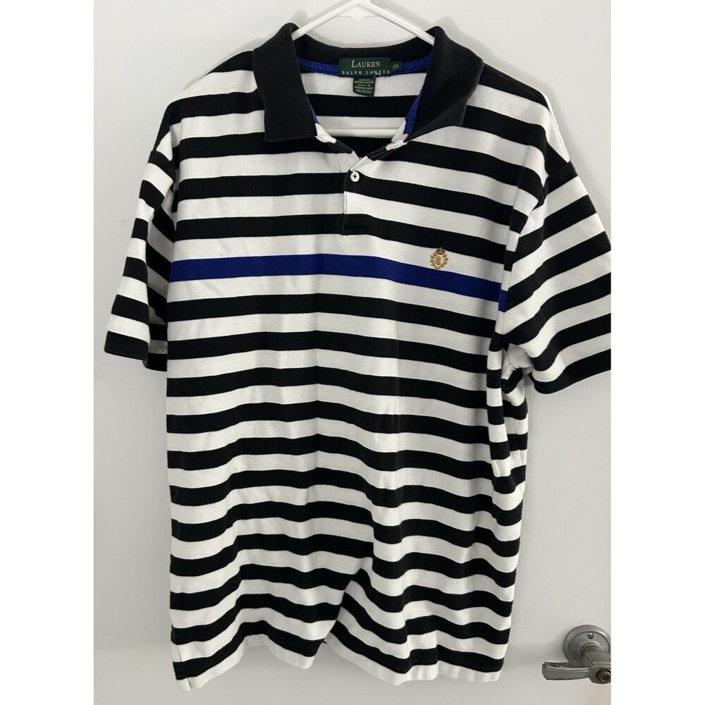 Vintage Polo Ralph Lauren Polo Shirt Striped Cookie Crest Blue White Size XL